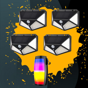 SET - 4 LAMPI SOLARE 100 LED-URI + BOXA BLUETOOTH CADOU - Img 1