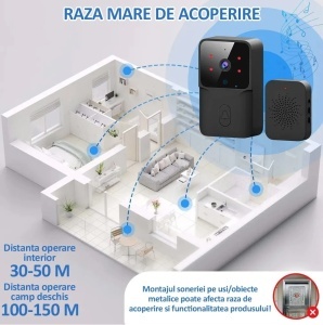 Sonerie wireless cu camera video, vedere nocturna, microfon control prin aplicatie, 19 melodii, autonomie mare, distanta 30-50M - Img 5
