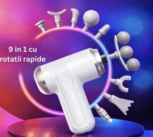 Aparat pentru Masaj Profesional Tip Pistol, 9 in 1 Capete, gat, spate, umeri, brate, picioare, solduri, Motor Silentios si Puternic, Masaj Muscular, Relaxare, USB reincarcabil, portabil, Gri - Img 3