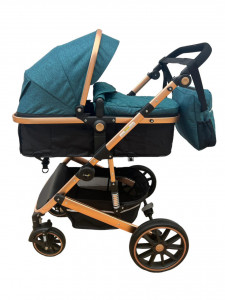 Carucior 3 in 1 T1 , 0-36 luni, transformabil, reversibil,cu roti cauciuc, culoare TURCOAZ - Img 6