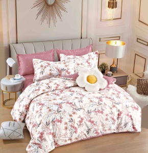 Lenjerie pat dublu, FINET, 6 piese, cu ELASTIC, Jojo Home, Crem, Roz, Flori si Frunze