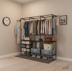 Cuier multifunctional 175 cm, 3 rafturi rezistente la apă, 8 cârlige, negru - Img 4