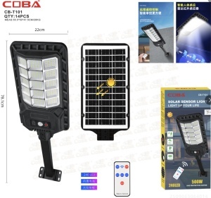 Lampă solară LED stradală COBA CB-T101, 500W, cu senzor de mișcare și telecomandă, IP65, pentru exterior