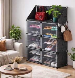 Pantofar modular 12 rafturi, negru cu model elegant, organizator incaltaminte cu usi, 85x31x96 cm - Img 6