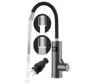 Robinet Instant apa calda, pentru bucatarie, baie sau exterior, Putere 3000 W cu afisaj Led al temperaturii, Corp Inox, cu rotatie de 360º, gri inchis