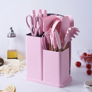Set 19 ustensile pentru bucatarie din silicon, cu maner de lemn, suport si tocator - Img 6