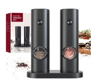 Set electric de rasnite pentru sare si piper, 2 bucati, negru, cu suport, functionare automata, ajustare grosime, 70ml