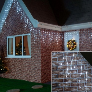Instalatie Craciun 15m cu flash, 300 LED-uri, de exterior, tip franjuri, turturi ,fir alb, interconectabila - Img 6