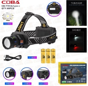Lanternă frontală LED reîncărcabilă COBA CB-T701A – 3 acumulatori, zoom și power bank