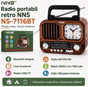 Radio Portabil Retro NNS NS-7116BT, Bluetooth, Ceas Analogic, USB/TF, MP3, AM/FM/SW, Baterie 18650 1200 mAh - Img 4