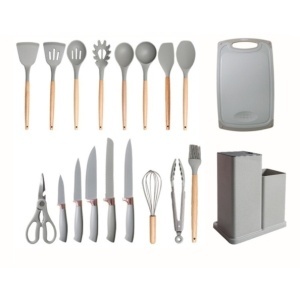 Set 19 ustensile pentru bucatarie din silicon, cu maner de lemn, suport si tocator - Img 3