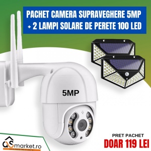 CAMERA SUPRAVEGHERE WIFI 5MP + 2 LAMPI SOLARE DE PERETE 100 LED - Img 1