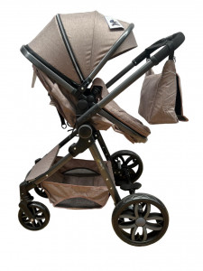 Carucior 2 in 1 T8, Cu landou Reversibil, copertina extensibila, geanta pentru scutece, strangere compacta, plasa de insecte si saltea bambus, maro