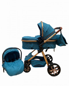 Carucior 3 in 1 Reversibil, cu Suspensii, Geanta Inclusa si Cos Auto, Plabil, T9, Albastru