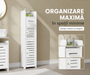 Dulap Baie Modern 2 Usi si 4 polite de depozitare cu Suport pentru hartie ingust Alb - Img 2