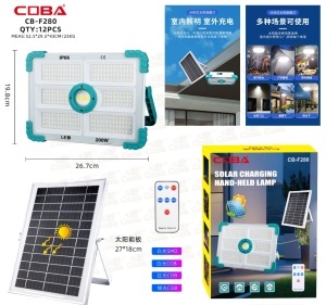 Proiector solar LED COBA CB-F280, 200W, cu panou solar extern, telecomandă, IP66, pentru exterior și interior