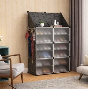 Pantofar modular 12 rafturi, negru cu model elegant, organizator incaltaminte cu usi, 85x31x96 cm
