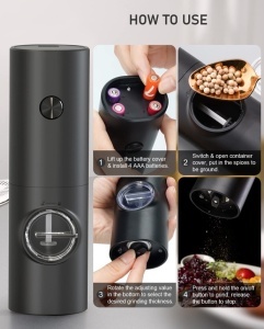 Set electric de rasnite pentru sare si piper, 2 bucati, negru, cu suport, functionare automata, ajustare grosime, 70ml - Img 2