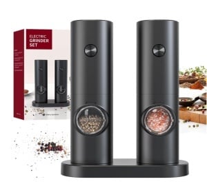 Set electric de rasnite pentru sare si piper, 2 bucati, negru, cu suport, functionare automata, ajustare grosime, 70ml