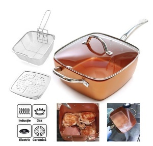 Tigaie multifunctionala cu capac, sita pentru prajit si tava pentru abur, 24x24x9.5cm, aramiu