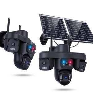Camera de Supraveghere 4G Solara cu 4 Lentile, 2 Panouri Solare, PTZ 355°, 12MP, AOV, Detectare Uman, Vedere Nocturna Color, IP66,