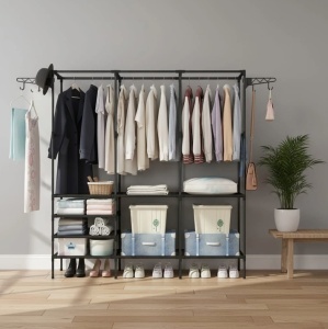 Cuier multifunctional 175 cm, 3 rafturi rezistente la apă, 8 cârlige, negru - Img 2