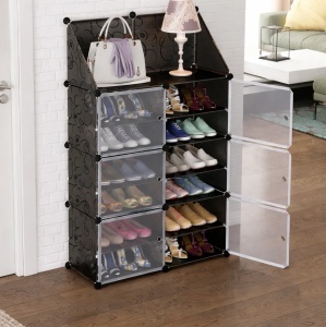 Pantofar modular 12 rafturi, negru cu model elegant, organizator incaltaminte cu usi, 85x31x96 cm - Img 4