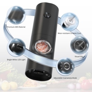 Set electric de rasnite pentru sare si piper, 2 bucati, negru, cu suport, functionare automata, ajustare grosime, 70ml - Img 9