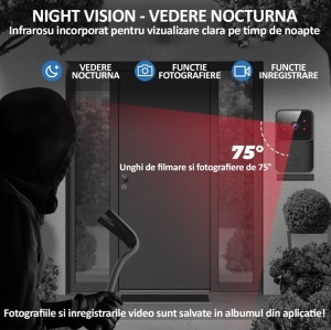 Sonerie wireless cu camera video, vedere nocturna, microfon control prin aplicatie, 19 melodii, autonomie mare, distanta 30-50M - Img 7