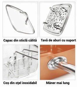 Tigaie multifunctionala cu capac, sita pentru prajit si tava pentru abur, 24x24x9.5cm, aramiu - Img 2