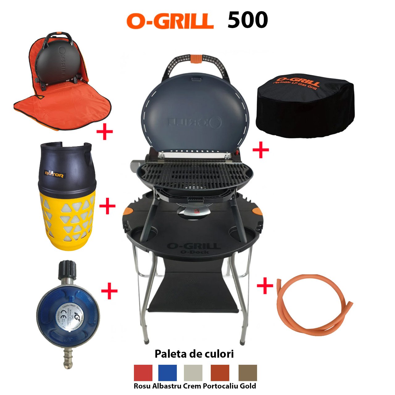 Pachet Complet O-grill 500 + Masa O-grill + Kit furtun GPL 1.5m Ceas butelie + Geanta de transport + Husa de protectie + Butelie Compozit 26.2L