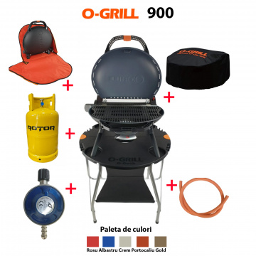 Pachet Complet, grătare pe gaz portabil, O-grill 900 + Masa O-grill + Kit furtun GPL 1.5m Ceas butelie + Geanta de transport + Husa de protectie + Butelie Metalica 26L