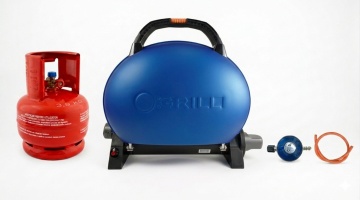 Gratar pe gaz portabil O-GRILL 500 Albastru , 9000 BTU, Butelie camping din metal cu talpa si guler 5L + Set regulator reglabil