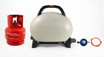 Gratar pe gaz portabil O-GRILL 500 Crem, 9000 BTU, Butelie camping din metal cu talpa si guler 5L + Set regulator reglabil