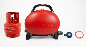 Gratar pe gaz portabil O-GRILL 500 Rosu, 9000 BTU, Butelie camping din metal cu talpa si guler 5L + Set regulator reglabil