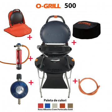 Pachet Complet, grătare pe gaz portabil, O-grill 500 + Masa O-grill + Kit furtun GPL 1.5m Ceas butelie + Geanta de transport + Husa de protectie + Tub gaz