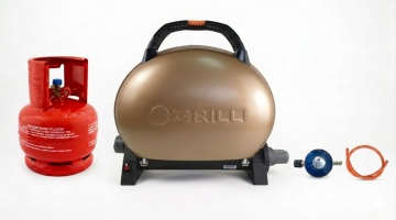 Gratar pe gaz portabil O-GRILL 500 Gold, 9000 BTU, Butelie camping din metal cu talpa si guler 5L + Set regulator reglabil