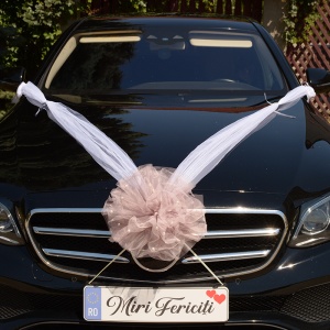 Decor masina pentru nunta cu pampon din tulle cu perle - Roz Prafuit