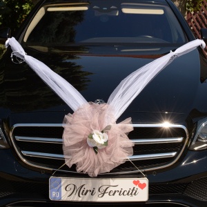 Decor masina pentru nunta cu pampon din tulle si flori din spuma - Roz Prafuit