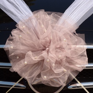 Decor masina pentru nunta cu pampon din tulle cu perle - Roz Prafuit - Img 2