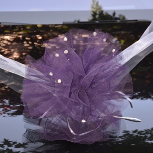 Decor masina pentru nunta cu pampon din tulle cu perle - Mov - Img 2