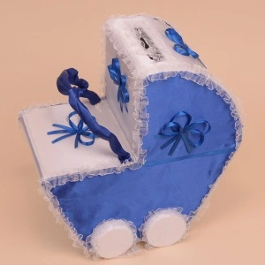 Cutie de Dar pentru Botez - Carucior Albastru