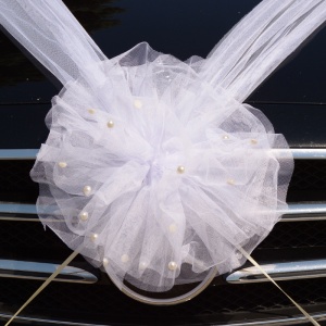 Decor masina pentru nunta cu pampon din tulle cu perle - Alb - Img 2