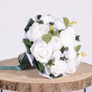 Buchet Bujori cu Trandafiri si Perle - Verde / Alb - Img 2
