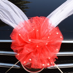 Decor masina pentru nunta cu pampon din tulle cu perle - Rosu - Img 2