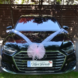 Decor masina pentru nunta cu pampon din tulle cu perle - Roz