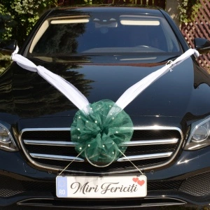 Decor masina pentru nunta cu pampon din tulle cu perle - Verde