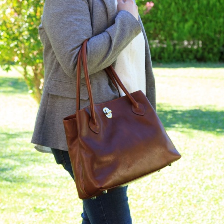 BORSA DA DONNA A DUE MANICI IN PELLE PIENO FIORE-MARRONE - Img 10