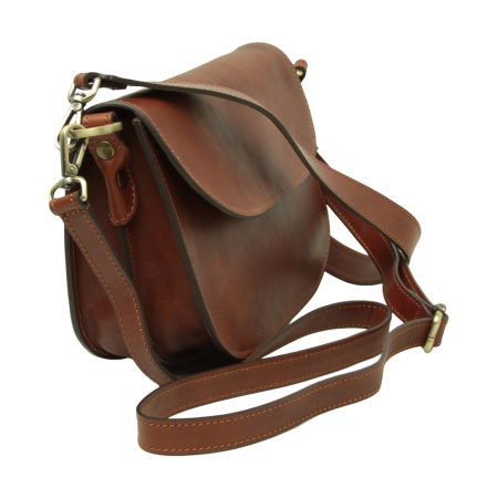 Borsa a tracolla due fianchi in vitello pieno fiore-Teak - Img 5