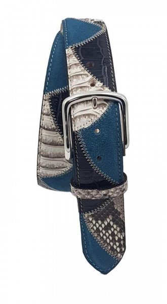 CINTURA UOMO 4 CM PATCHWORK ORIONE BELTS IN PITONE-PELLE STAMPA COCCODRILLO-CAMOSCIO ARTIGIANALE MADE IN ITALY - Img 2